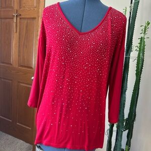 Blingy Red Women's V-Neck Top with Accents